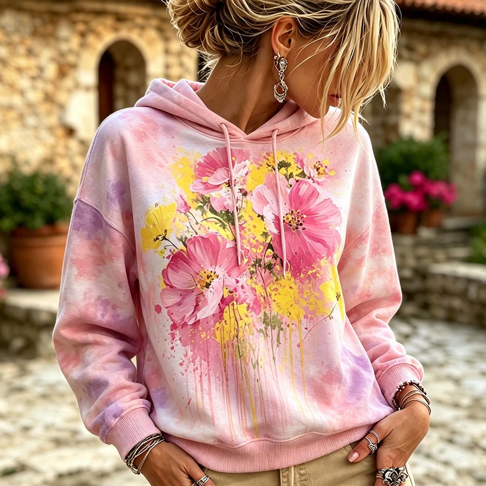 Cardydony Women's Casual Pullover Hoodie Sweatshirt With Pink Tie-dye And Watercolor Cosmos Floral Print