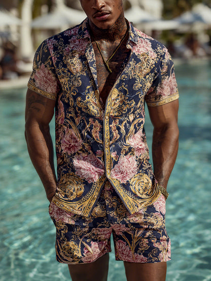 Cardydony Men's Fashion Baroque Floral Pattern Cuban Shirt And Shorts Two-piece Set