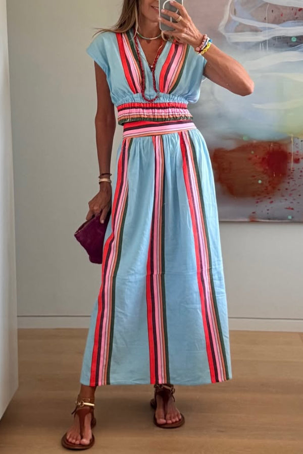 Cardydony Women's Stylish Striped Print V-neck Cropped Top and Elastic Waist Casual Maxi Skirt Set