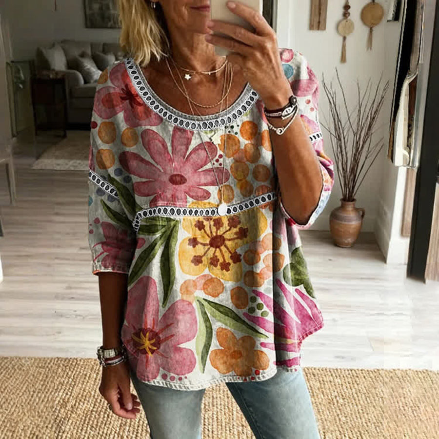 Cardydony Women's Retro Floral Art Pattern Cotton Linen Casual Round Neck T-shirt