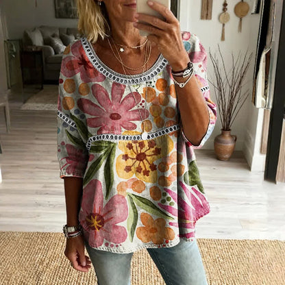 Cardydony Women's Retro Floral Art Pattern Cotton Linen Casual Round Neck T-shirt