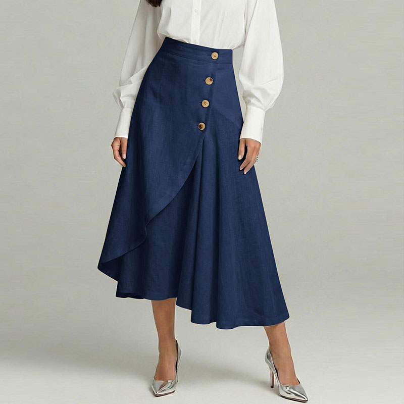 Cardydony Women's Casual Retro Irregular Ruffles Button Cotton And Linen Skirt