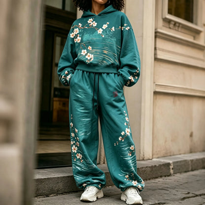 Cardydony Women's Vintage Japanese Cherry Blossom Art Print Hoodie Two Piece Set