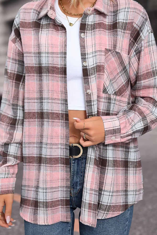 Cardydony Women's Stylish Plaid Collared Long-sleeved Pockets Casual Loose Shirt