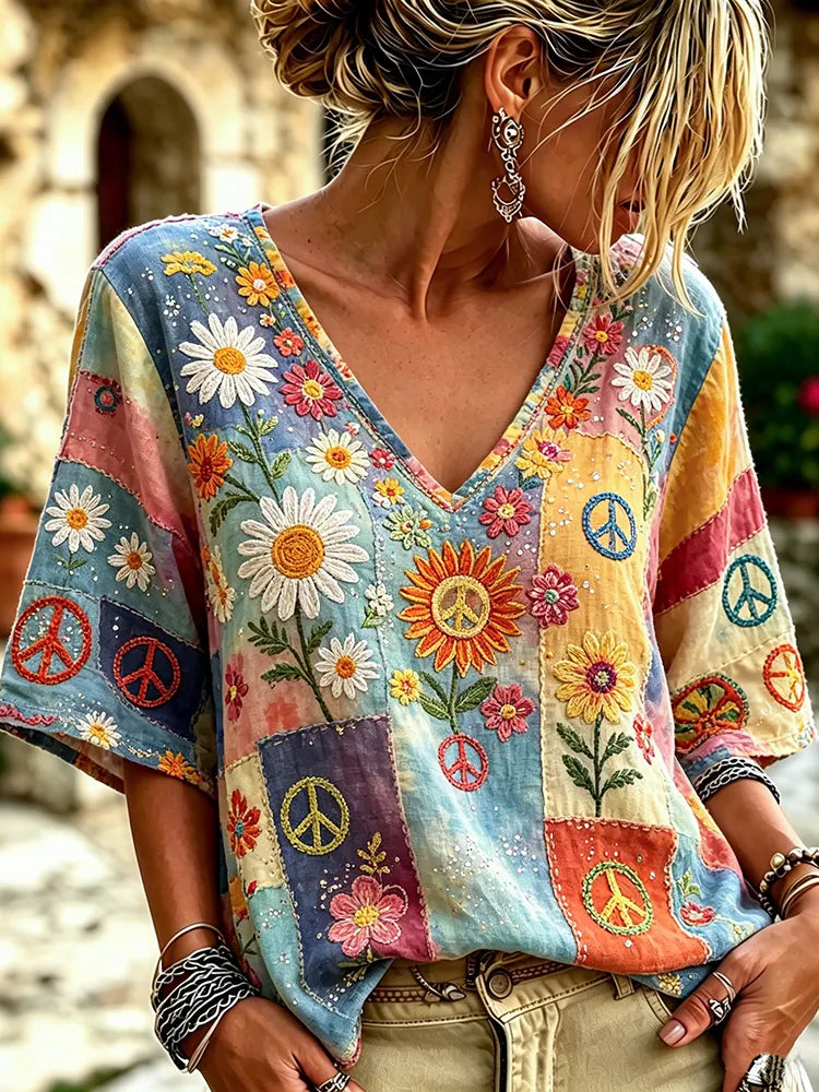 Cardydony Women's Retro Peace Logo Floral Embroidery Patchwork Art V-neck Short Sleeve T-shirt