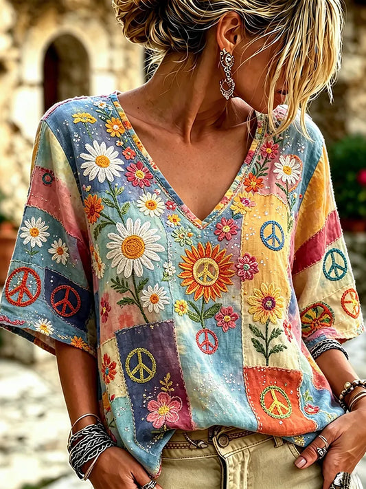 Cardydony Women's Retro Peace Logo Floral Embroidery Patchwork Art V-neck Short Sleeve T-shirt