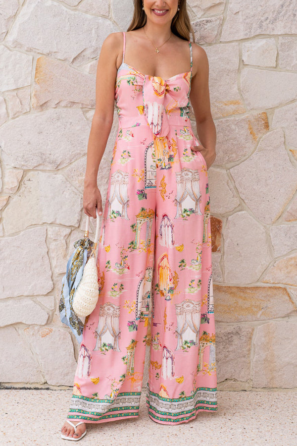 Cardydony Women's Unique Printed Sleeveless Spaghetti Strap Casual Vacation Loose Wide-Leg Jumpsuit