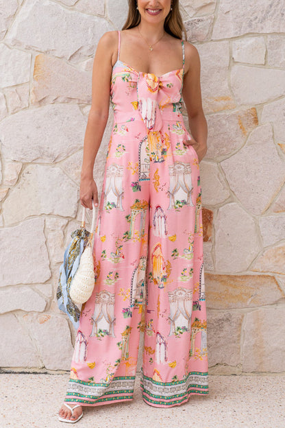 Cardydony Women's Unique Printed Sleeveless Spaghetti Strap Casual Vacation Loose Wide-Leg Jumpsuit