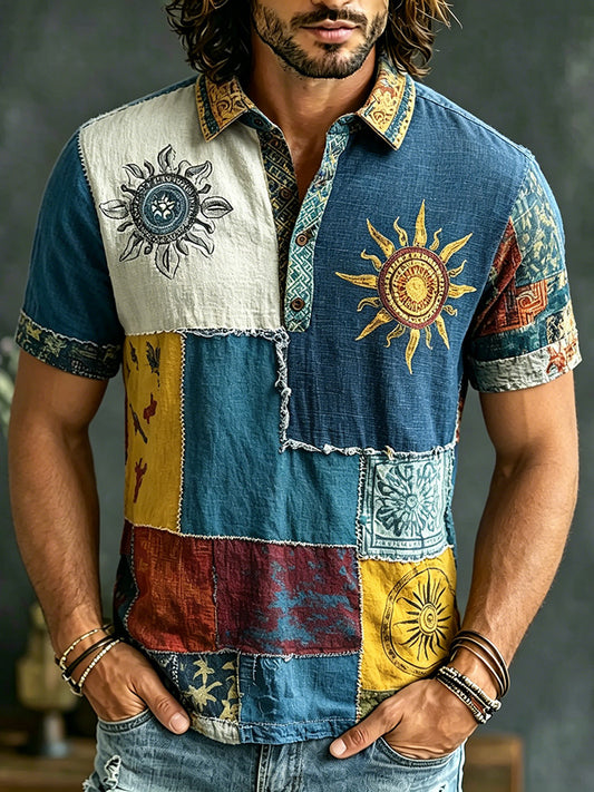 Cardydony Men's Casual Retro Sun And Moon Hippie Print Polo Shirt