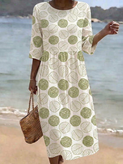 Cardydony Women's Leaf Pattern Crew Neck Linen Blend Midi Dress