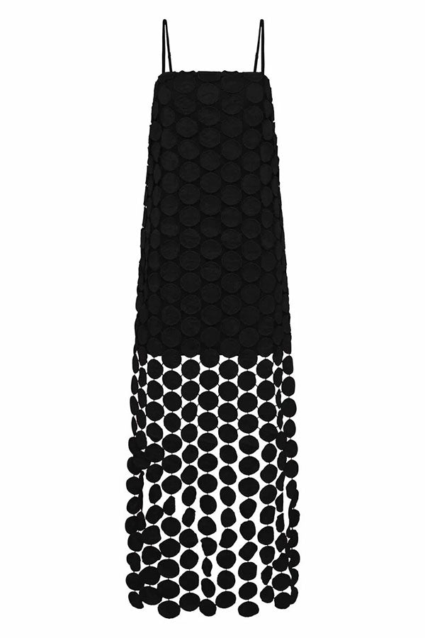 Cardydony Women's Juju Embroidered Cutout Polka Dots Square Neck Tassel Hem Slip Maxi Dress