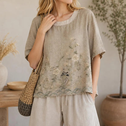 Cardydony Women's Summer Floral In Macarons Colorful Art Linen Blend Short Sleeve Tops