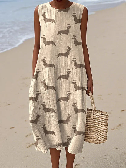Cardydony Women's Retro Cute Dachshund Dog Art Linen Tank Midi Dress