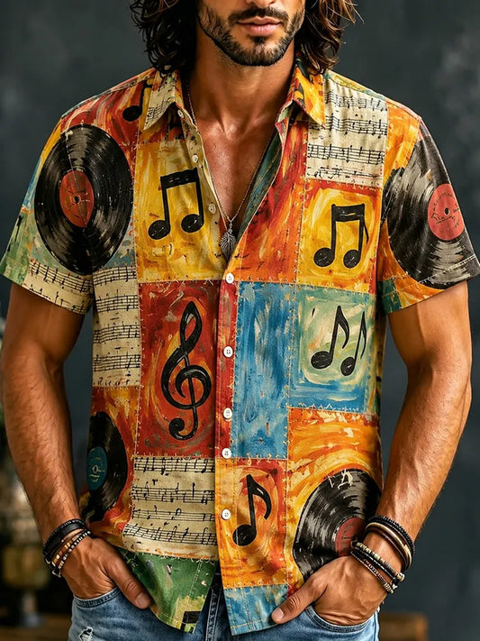 Cardydony Men's Hippie Tie Dye Musical Notes Patchwork Printed Short Sleeve Shirt