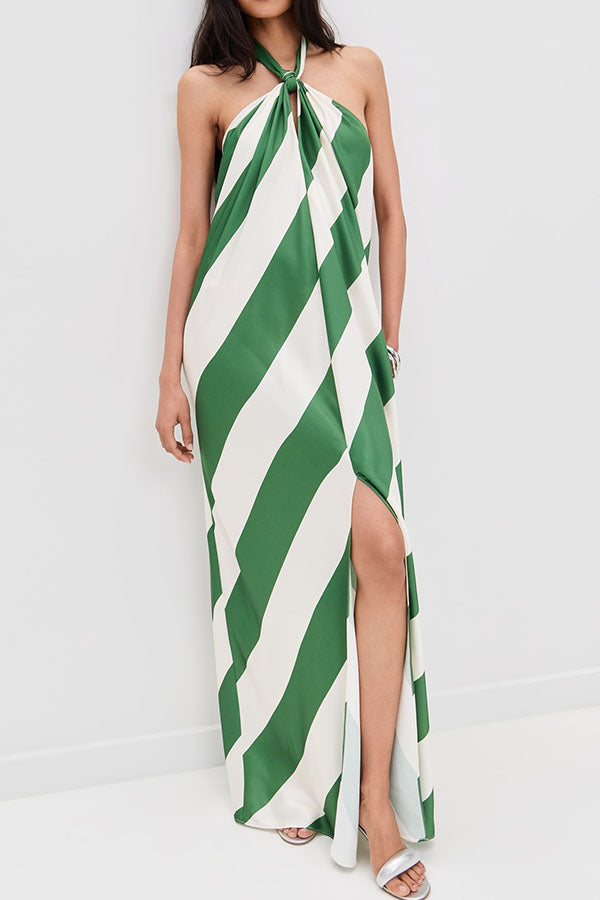 Cardydony Women's Most Dreamy Stripe Print Halter Tie-up Backless Pocket Loose Maxi Dress