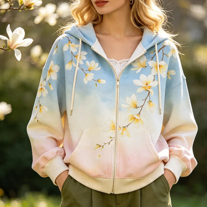 Cardydony Women's Floral & Magnolia Zip-up Hoodie - Gradient Sky Blue Drawstring Hooded Sweatshirt