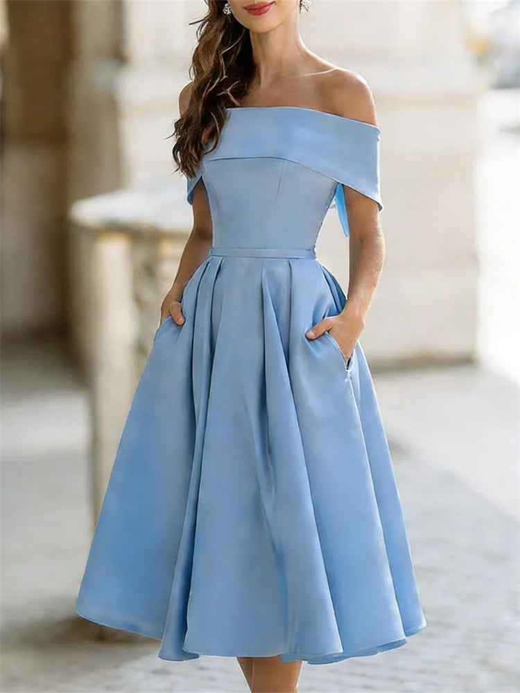 Cardydony Classy Off Shoulderwide Skirted Satin Maxi Dress