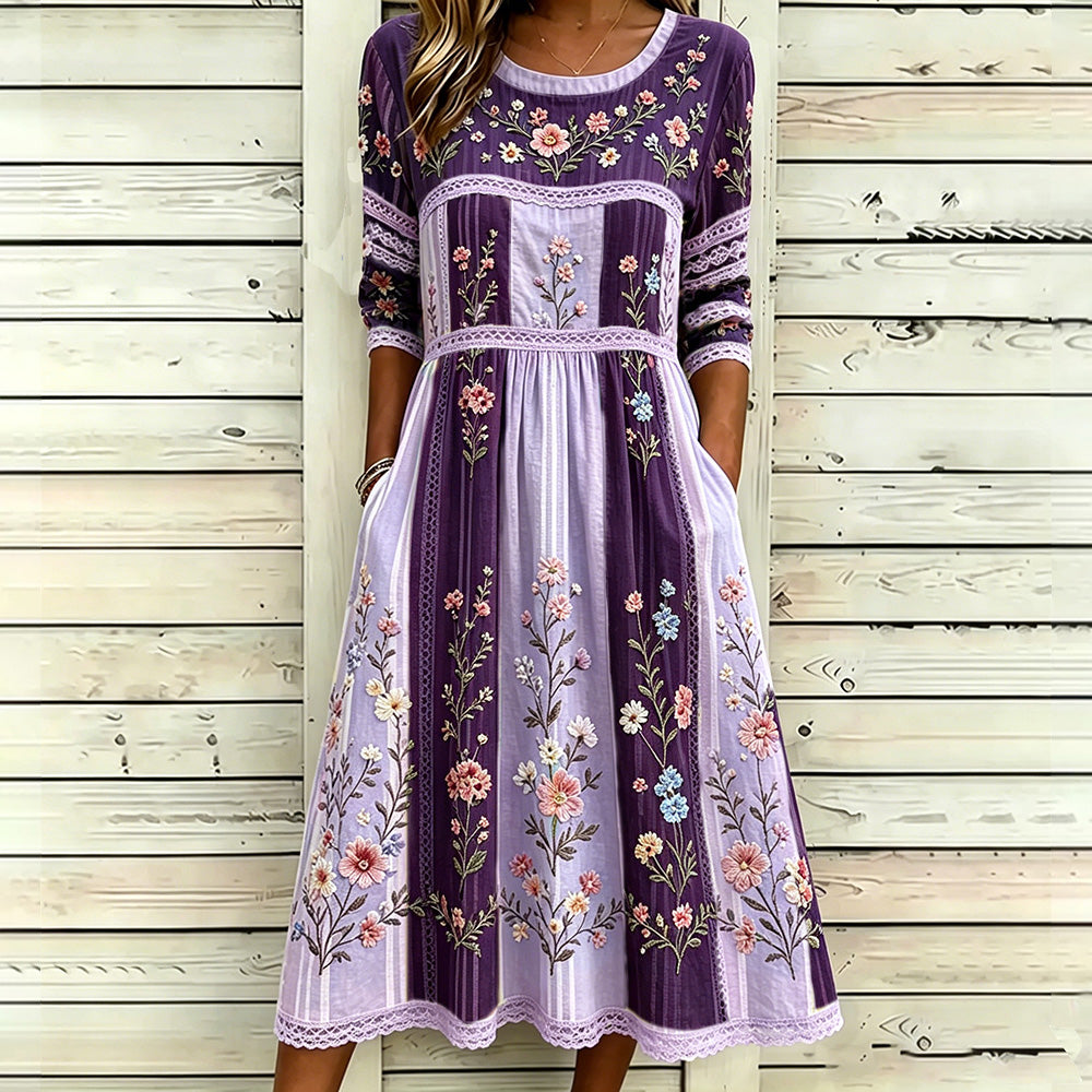 Cardydony Vintage Floral Vine 3d Art Embroidery Spliced Cotton Linen Distressed Round Neck Mid-sleeve Dress