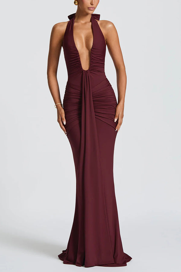Cardydony Women's Solid Color Elegant Halterneck V-neck Open Back Tie Gathered Maxi Dress