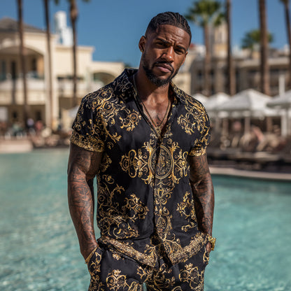 Cardydony Men's Fashion Baroque Pattern Cuban Shirt And Shorts Two-piece Set