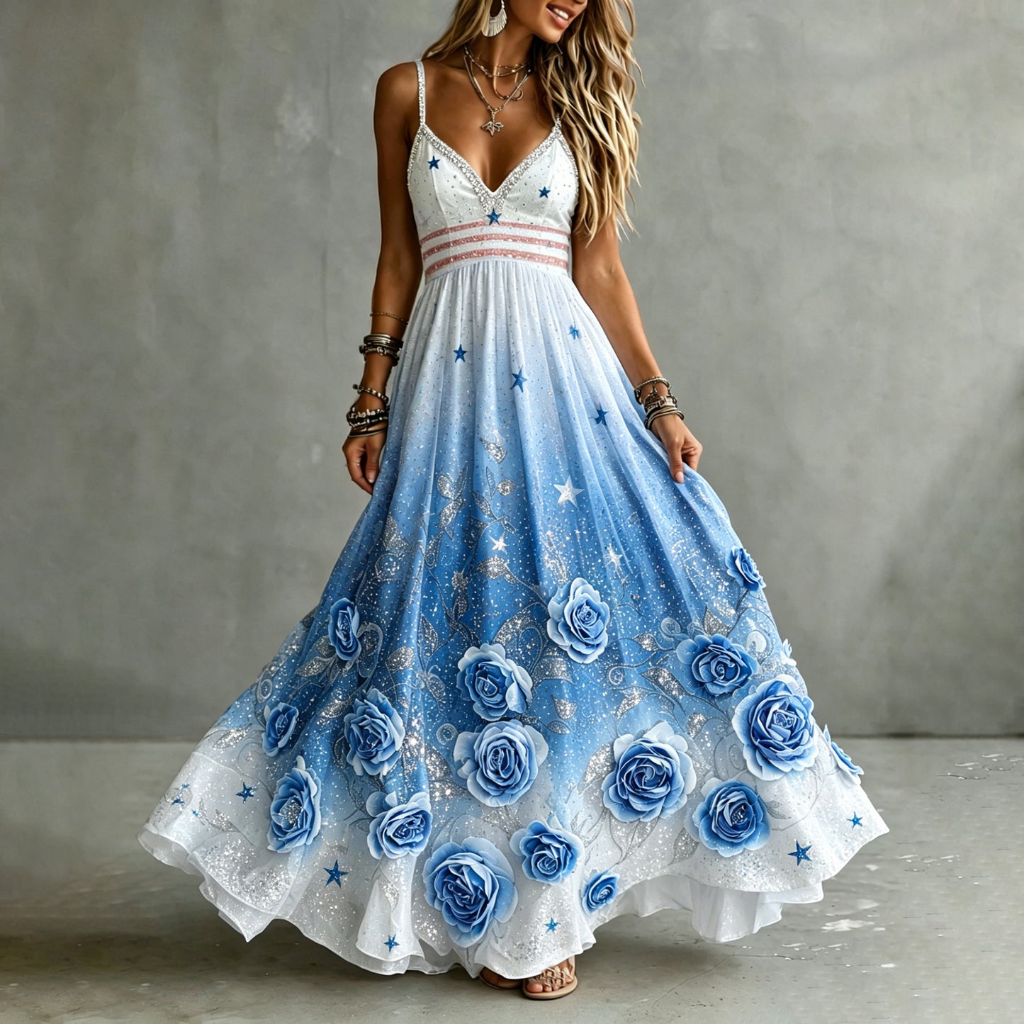 Cardydony Women's Independence Day Stars With Floral Gradient Art V-neck Suspender Maxi Dress