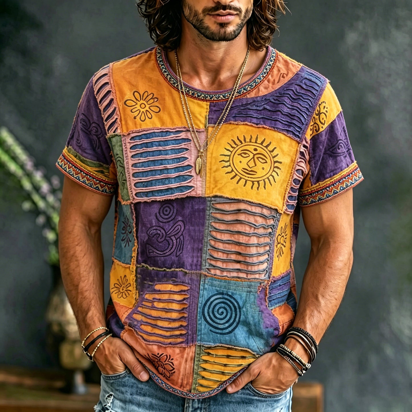 Cardydony Men's Hippie Tie-dye Patchwork Print Crew Neck T-shirt