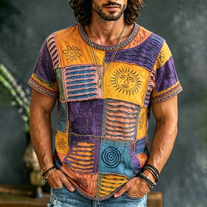 Cardydony Men's Hippie Tie-dye Patchwork Print Crew Neck T-shirt