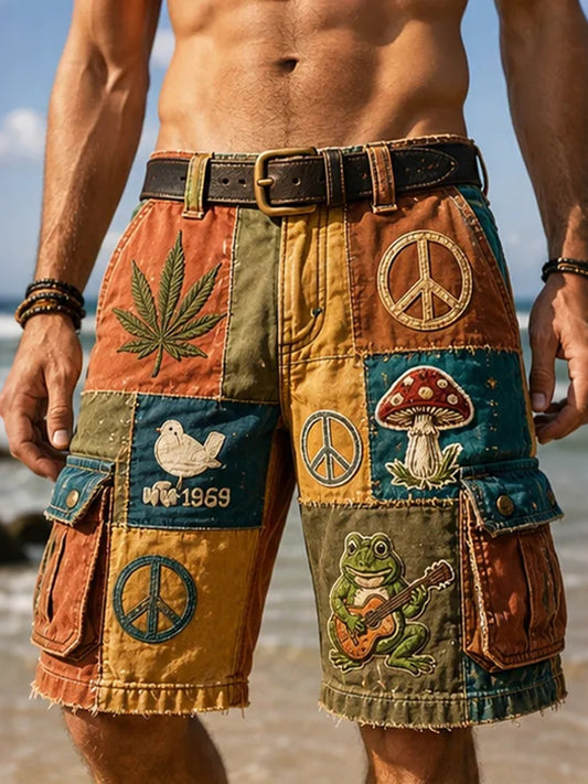 Cardydony Men's Hippie Patchwork Peace Sign Frog Guitar Art Print Casual Shorts