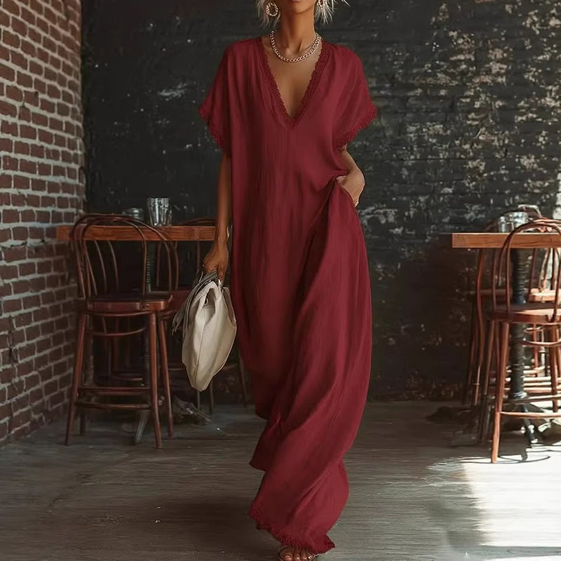 Cardydony Women's Elegant Lace-trimmed Linen-cotton Maxi Dress
