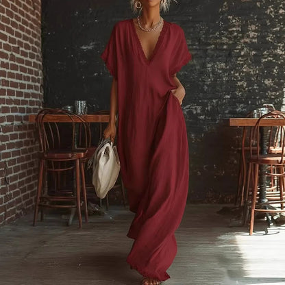 Cardydony Women's Elegant Lace-trimmed Linen-cotton Maxi Dress