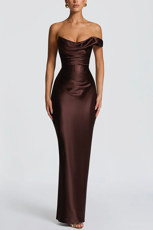 Cardydony Women's Thalassa Satin One Shoulder Scooped Neck Bias Cut Pleated Maxi Dress