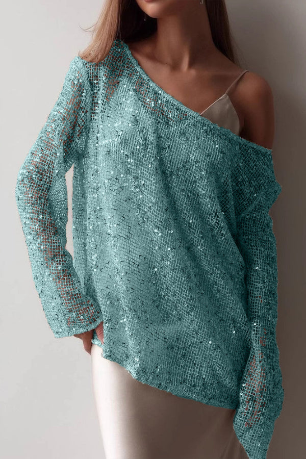 Cardydony Women's Fashionable Sequined Cutout Casual Long-sleeved Loose Cover-up Top