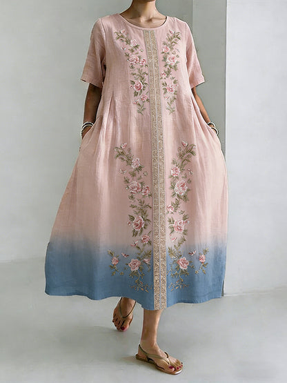 Cardydony Women's Roses Art Print Flowy Linen Blend Casual Short Sleeve Dress