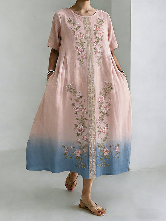 Cardydony Women's Roses Art Print Flowy Linen Blend Casual Short Sleeve Dress