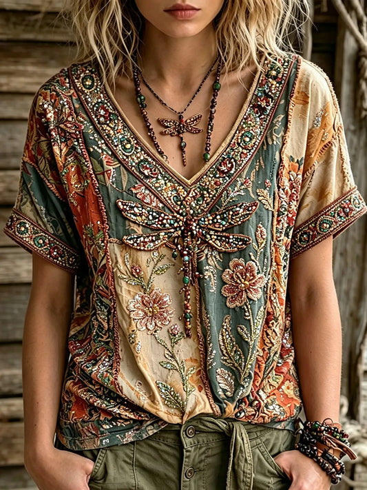 Cardydony Women's Retro Bohemian Hippie Style Floral Dragonfly Sequin Embroidery Print Short-sleeve V-neck Top