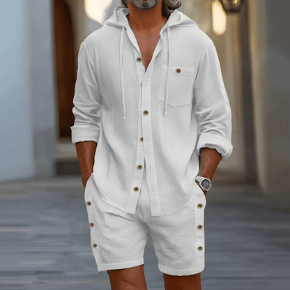 Cardydony Men's Cotton Hooded Solid Color Long-sleeved Shorts Vacation Set