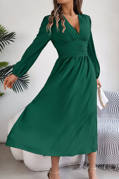 Cardydony Women's Solid Color V-neck Long-sleeved Fitted Waist Slit Elegant Midi Dress