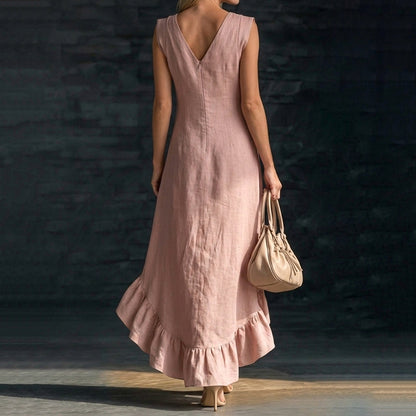 Cardydony Sleeveless V-neck Ruffled Hem Linen Dress