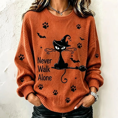 Cardydony Never Walk Alone Halloween Cat And Broom Print Casual Sweatshirt