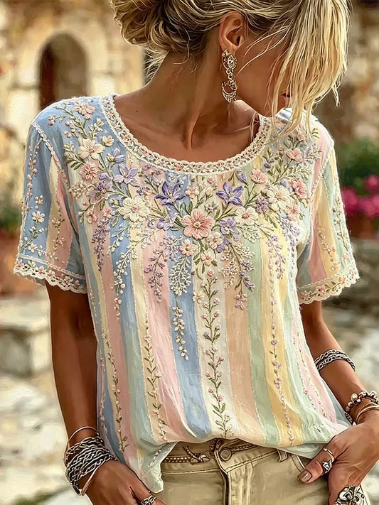 Cardydony Women's Floral Vine And Lace Embroidered Art Stripe Vintage Round Neck Short Sleeve Top