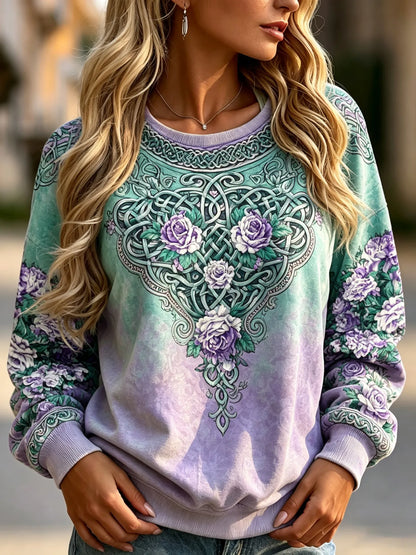 Cardydony Women's Retro Floral Celtic Knot Design Crew Neck Sweatshirt