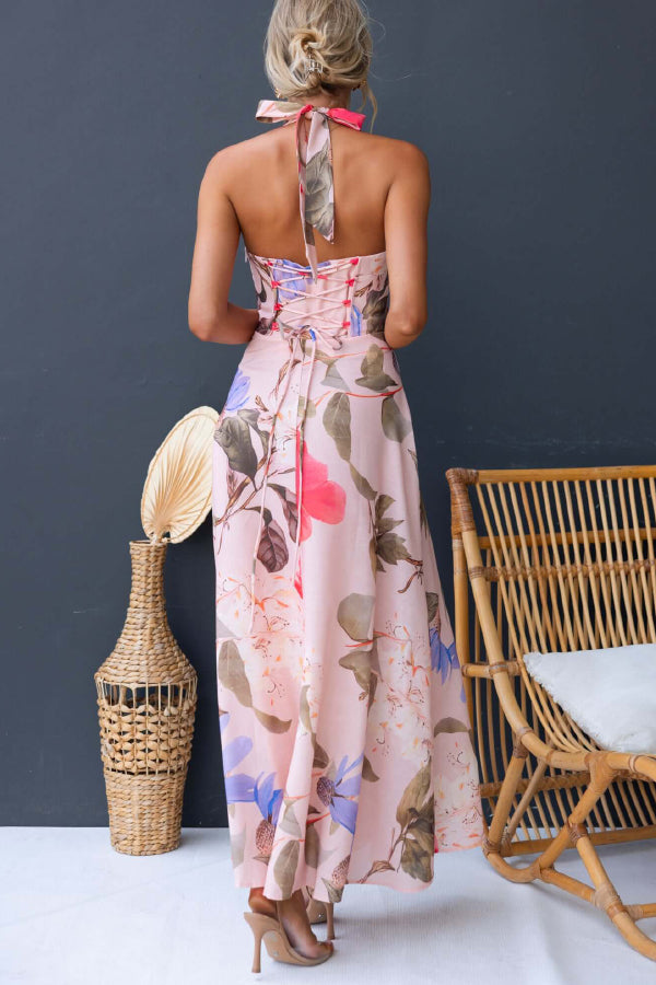 Cardydony Women's Floral Print V-neck Backless Tie-up Fitted Waist Elegant Maxi Dress