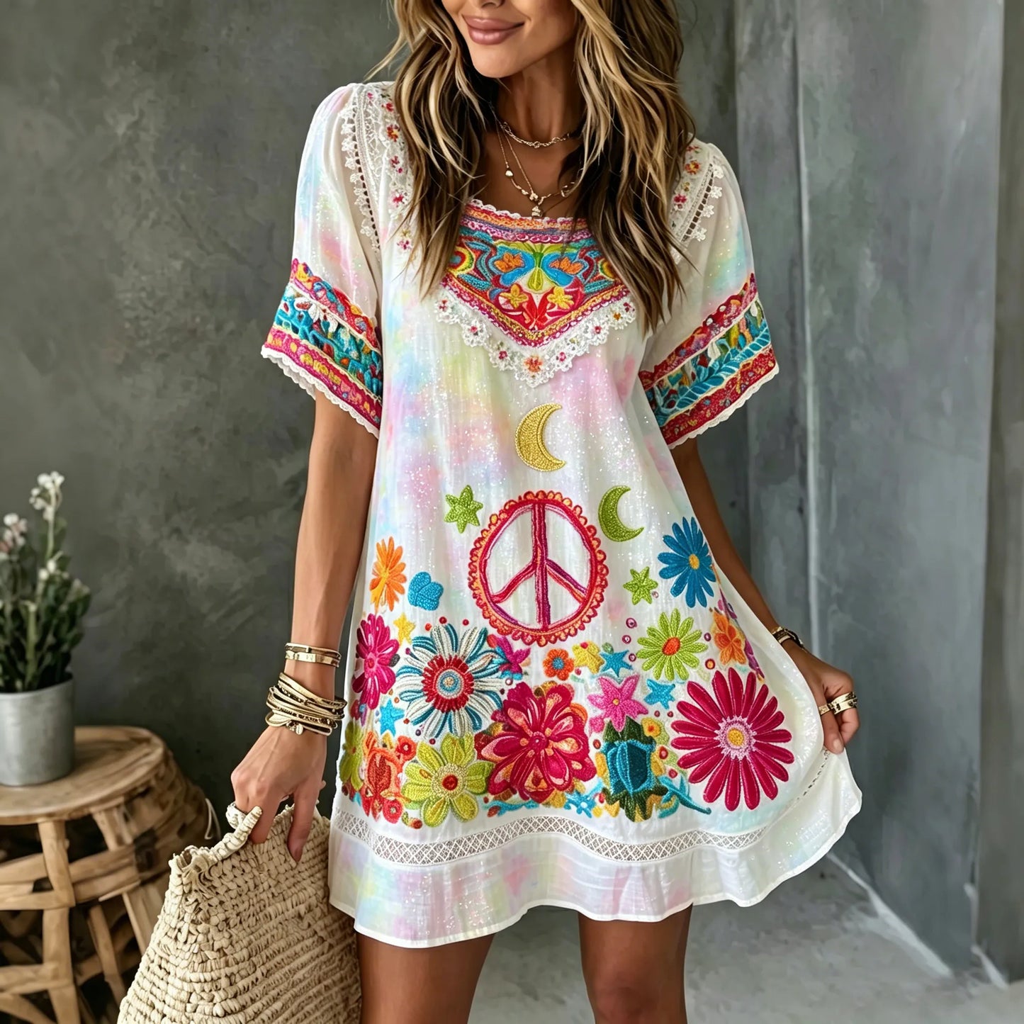 Cardydony Women's Vintage Hippie Floral Pattern Art Embroidered Linen Blend Mini Dress