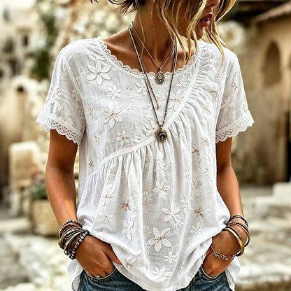 Cardydony Women's Retro Vacation Floral Dragonfly Lace Round Neck Short Sleeve Linen T-shirt