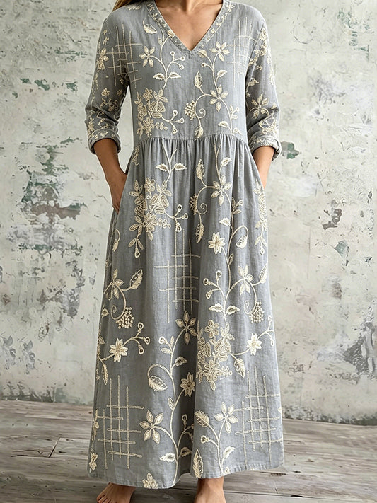 Cardydony Women's Vintage Floral Art Casual Linen Dress