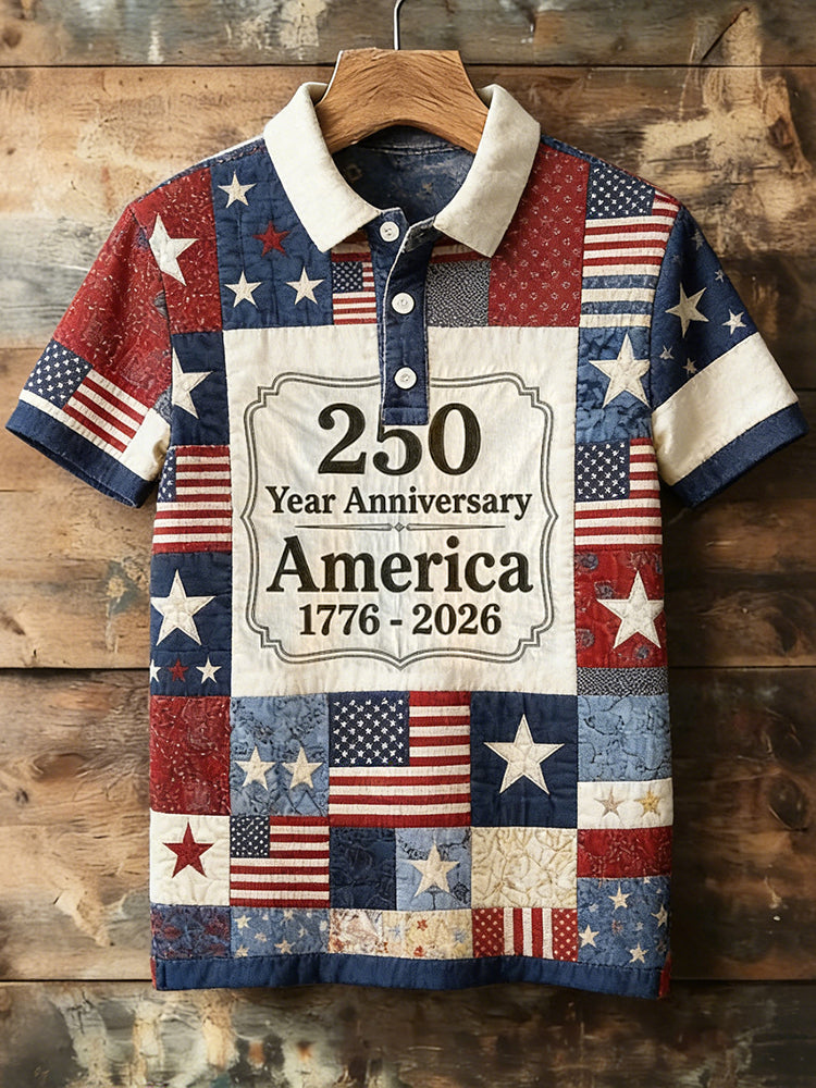 Cardydony Men's American Flag Inspired Patchwork Vintage Polo Shirt