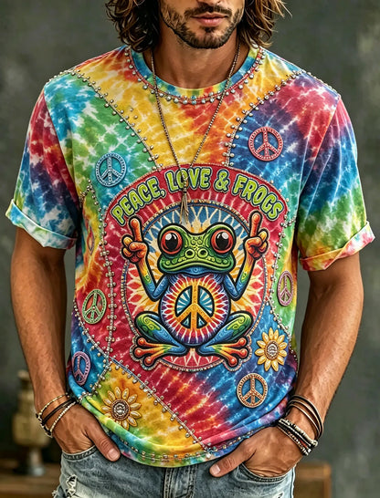Cardydony Men's Vintage Hippie Floral And Frog In Patchwork Pattern Art Embroidered T-shirt