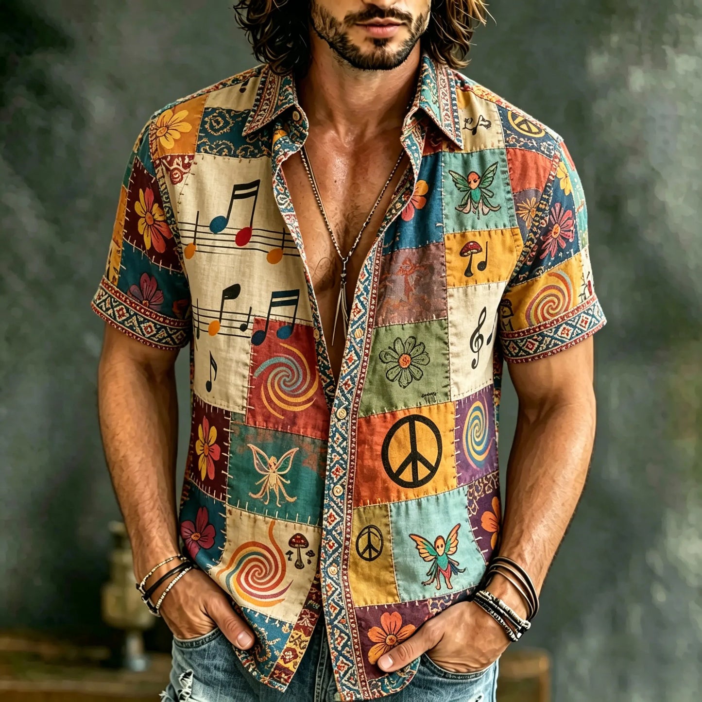 Cardydony Men's Floral Hippie Patchwork Short-sleeved Shirt
