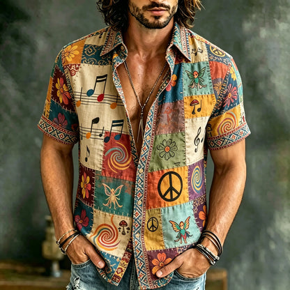Cardydony Men's Floral Hippie Patchwork Short-sleeved Shirt