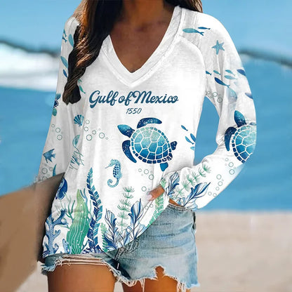 Cardydony Women's Gulf Of Mexico Printed V-neck T-shirt